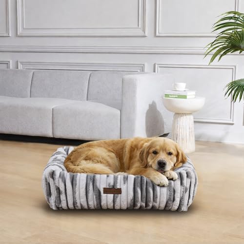 Image of Modern Threads Ribbed Plush Two-Tone Cuddler Dog Bed, Ultra-Soft Faux Rabbit Fur, Supportive Bolstered Sides, Removable Washable Cover, Bed for Medium to Large Dogs, Silver, (34 inch L x 25 inch W x 9 inch Th)