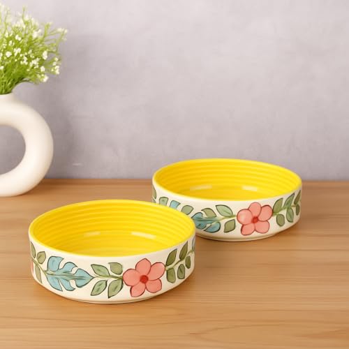 Image of Niyara Stoneware Handmade Ceramic Stylish Premium Serving Bowls, Salad Tray Microwave Dishwasher Safe, Elegant Ceramic Flat Serving Bowl Set of 2, Sizes: 500ml, 450ml (Yellow Flower Design)