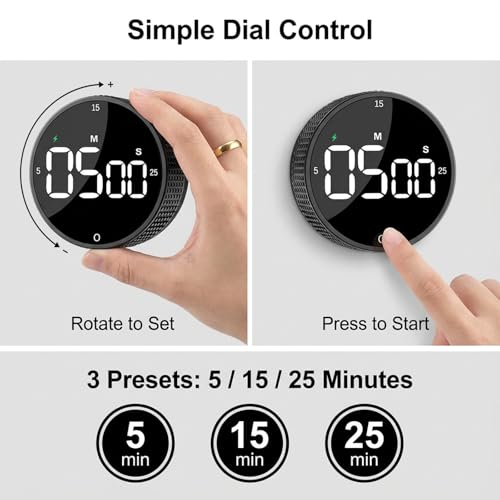 Rechargeable Magnetic Kitchen Timer, LED Countdown/Count-Up Timer, Supports USB-C Charging, with Loud Alarm, 3 Preset Quick Times (5/15/25m), Perfect for Kitchen Cooking, Studying, and Fitness (Black) - Image 5