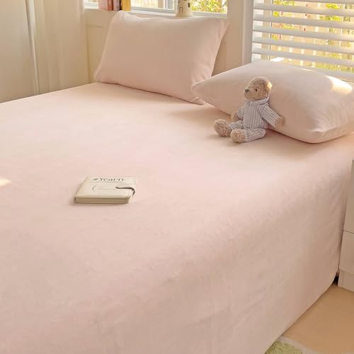 Sábana de cama de terciopelo color rosa claro, protector de colchón, suave, sin arrugas, con 2 fundas de almohada, 200 x 230 cm