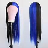 BTWTRY Half Bright Blue Half Black Synthetic Lace Front Wigs Heat Resistant Fiber Hair Wigs Long Straight Hair for Black Women Cosplay Wig and Daily Wear (24 Inch, Half Bright Blue Half Black)