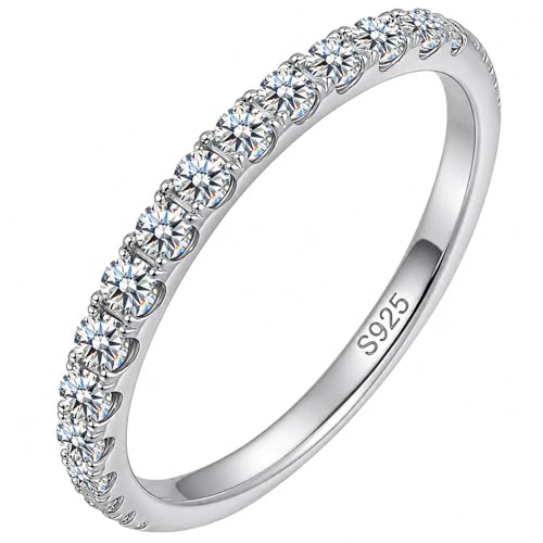 WES 2.0mm Moissanite Wedding Band - 925 Sterling Silver Half Eternity Round Stackable Moissanite Engagement Rings Anniversary Wedding Rings for Women, Size 7