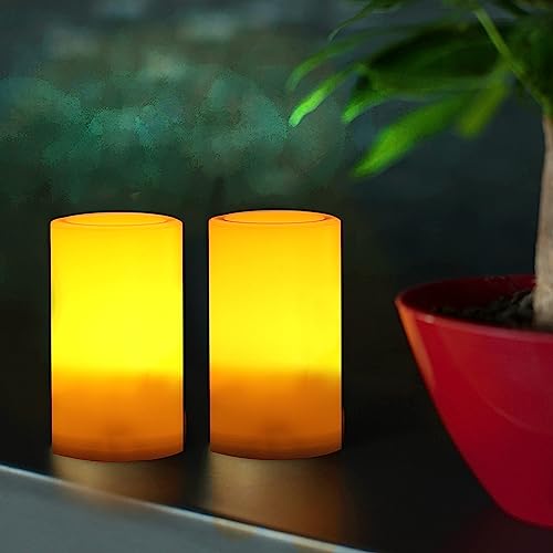 Image of CANDLE CHOICE Outdoor Battery Operated Flameless Candles with Remote Timer Waterproof Flickering Plastic Electric LED Pillar Lights for Lantern Patio Garden Wedding Party Decorations D3 inchxH5 inch 2 PCS