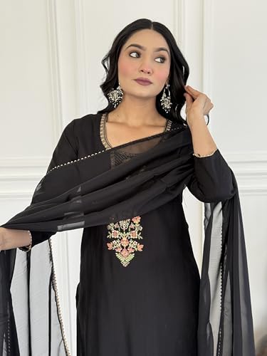 Image of Alvami Women's Silk Embroidery Straight Kurta and Pant Set with Dupatta