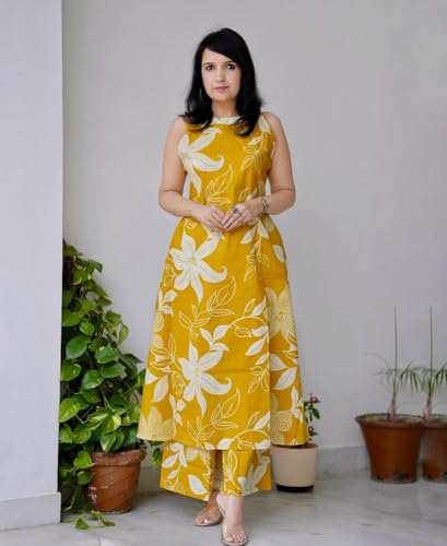 Image of Klosia Women Pure Cotton Kurta Palazzo Set | Sleeveless Printed Kurta with Palazzo Pants | Summer Friendly, Office Wear Co-Ord Sets