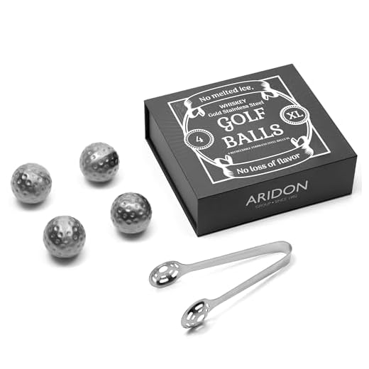 Aridon - Golf Ball Chiller Whiskey Balls, 4-Piece Stainless-Steel Whiskey Stones Large Size, Reusable Whiskey Sphere Stone Set with Ice Ball Tongs, Whiskey Gifts for Men, Silver, 1.65”