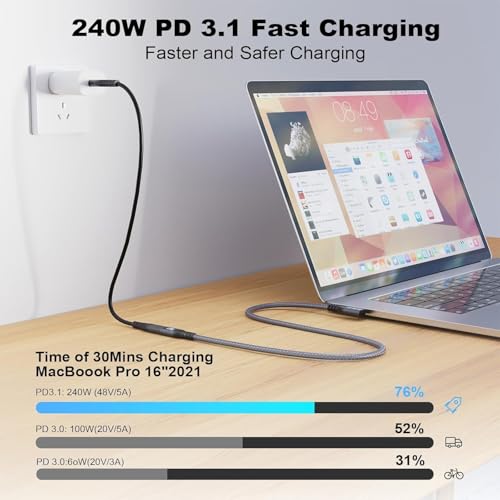 CableDeconn Przedłużacz USB C 3.2, Gen-2, 240 W, kabel do ładowania, złącze Thunderbolt 3 mężczyzna na kobietę, transmisja danych 20 Gbps 48 V/5 A typ C wideo 4K kompatybilne z MacBook M1/M2/M3 (USB