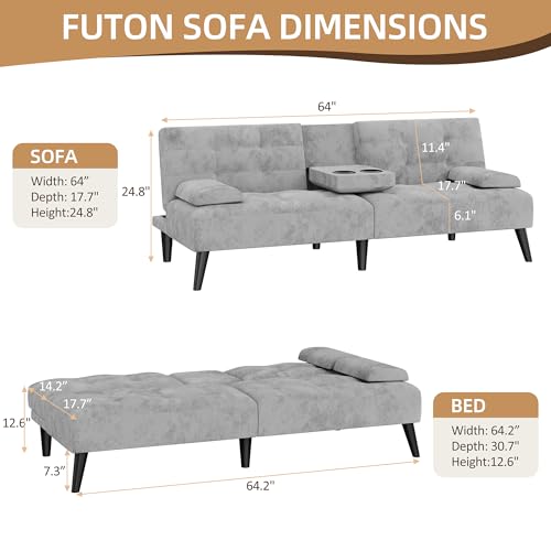 Image of Shintenchi Futon Sofa Bed, Velvet Foldable Couch, Reclining Sleeper with Removable Armrests, Upholstered Loveseat Sofa Couch with Folding Cup Holders for Home, Office, Light Gray