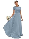 Minrenfun Lace Chiffon Bridesmaid Dresses for Wedding A-Line Capped Sleeve Formal Evening Gowns with Pockets Dusty Blue Plus Size 18W
