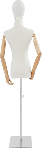 Miniatura 7 de Vestido de maniquí femenino con cabeza desmontable y brazos de madera ajustables, cubierta de lino y base de metal dorado, altura ajustable de 55 a