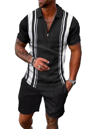 BIRW L Black White Mixed Vertical Stripe Mens Short Sets 2 Piece Outfits Fashion Summer Tracksuits Casual Set Polo Shirt Short Sleeve and Shorts Set