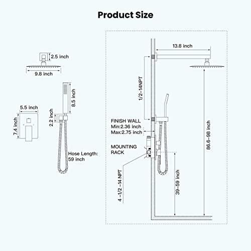 Gotonovo Shower System Chrome Polished 10 Inch Wall Mounted With Pressure Balance Rough-In Valve(Male Thread) Shower Set With Adjustment Square Shower Head Including High Pressure Handheld #TOP5