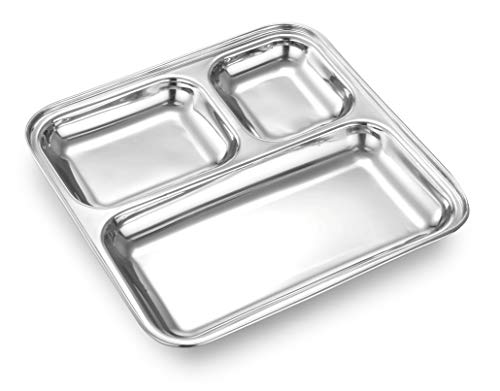 Image of Expresso - Heavy Duty Stainless Steel Square Small Dinner Plate with 3 Sections Divided Mess Trays for Kids Lunch, Camping, Events & Every Day Use Kitchenware (Set of 1)