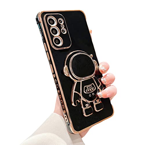 phylla for Samsung Galaxy S21 Ultra 6.8” Phone Case with Cute Astronaut Plating Stand Holder Luxury Electroplated Edge Case with Side Cute Small Heart Pattern Soft Shockproof Kickstand Bumper (Black)
