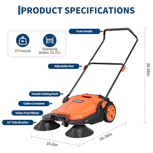Image of Walk-Behind Floor Sweeper, 25.6 in Sweeping Width, Outdoor Hand Push Sweeper, 5 Gallon Waste Container, Adjustable Folding Handle for Garage Patio Yard Driveway