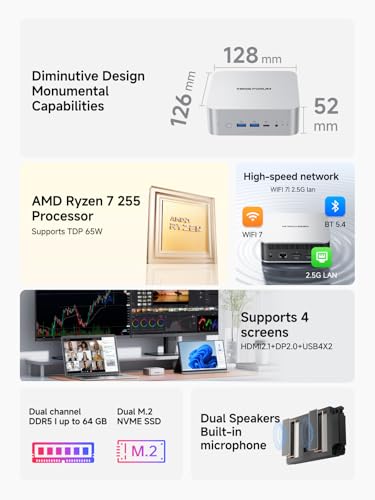 Image of MINISFORUM AI X1-255 Mini PC Barebone with AMD Ryzen 7 255 (8C /16T, up to 4,9 GHz), HDMI /DP /USB4 (4K@120 Hz), Dual Speaker /DMIC,USB-A X 3, 2.5G LAN, Wi-Fi 7 /BT5.4