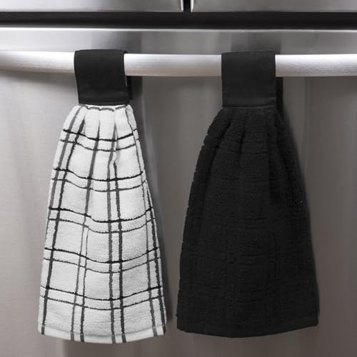 Image of Ritz Premium 100% Cotton Solid and Multi Check Kitchen Tie Towel, Absorbent, Super Soft, and Fast Drying Hang Towel, Set of Two, Black