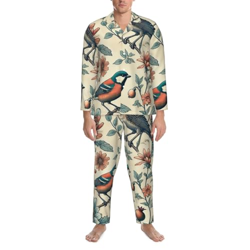 Mens Long Sleeves Pajama Set Birds Shore Floral Vintage Cozy Two-Piece Loungewear For Nighttime Comfort,Casual Wear3