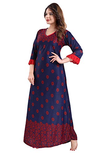 Image of Fabme Women's Crepe Printed Flare Nighty with Long Sleeves /Night Gown /Nightwear /Maxi