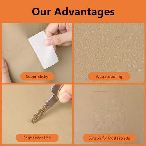OcePor Self Adhesive Leather Repair Patch, 9 x11 inch Leather Repair Tape 2 PCS, Leather Patches for Furniture, Vinyl Leather Repair Kit for Couches, Boat Seats, Furniture, Cars(Khaki)