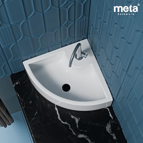 Image of Meta Bathware Premium Corner Wash Basin | Wall Mount And Table Top Ceramic Sink for Bathroom | Scratch Resistant & Easy Clean | Elegant White Glossy Finish (16.5x15x5 Inch)