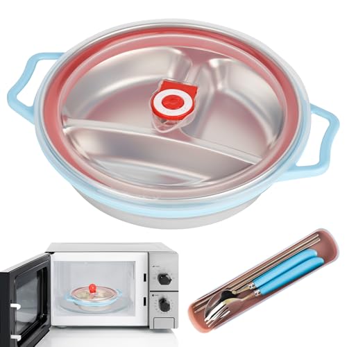 RUCUDIM Plato para microondas de 850 ml, plato para microondas con tapa, cuenco para microondas con tapa de 3 compartimentos, con ventilación, vajilla para microondas con tenedor, cuchara, palillos