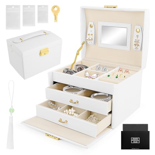 QOUBNIC Boîte à Bijoux 3 Niveaux, Boîte à Bijoux de Voyage Boite a Bijoux Femme avec Miroir, Boîtes à Bijoux Portable pour Bagues, Boucles, Colliers