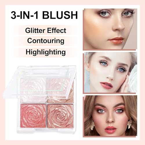Image of Blusher Palette Powder - 4 Colors Matte & Shimmer Blush Highlighter & Long-Wearing Water-Proof, MNatural-Looking Glow Smooth & Lightweight Formula Portable Compact Design (Multicolor)