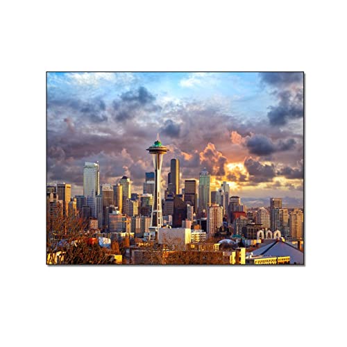 Tomart City Canvas Wall Art Seattle Sunset Skyline Picture Cityscape Painting Poster. Canvas Painting Wall Art Poster For Bedroom Living Room Decor 24X32Inch(60X80Cm) Frame-Style #TOP19