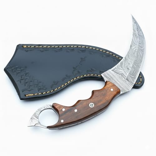 Warivo Damascus Karambit Knife with Sheath and Wood Handle