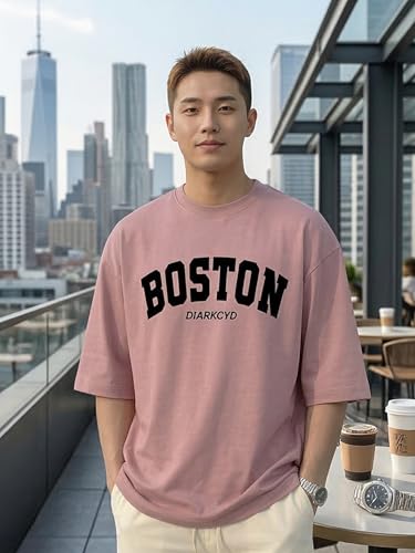 Image of BARKEYO Men's Half Sleeve Round Neck French Terry Graphic Print Oversized Tshirt for Man (Boston-ft) Pack of 2 (in, Alpha, XL, Regular, Red)