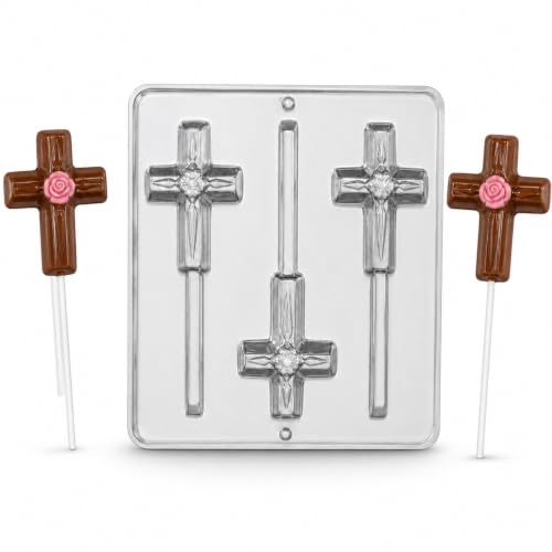 Cross with Flower Lollipop Chocolate Candy Mold Religious 427 (3 Cavity Mold)