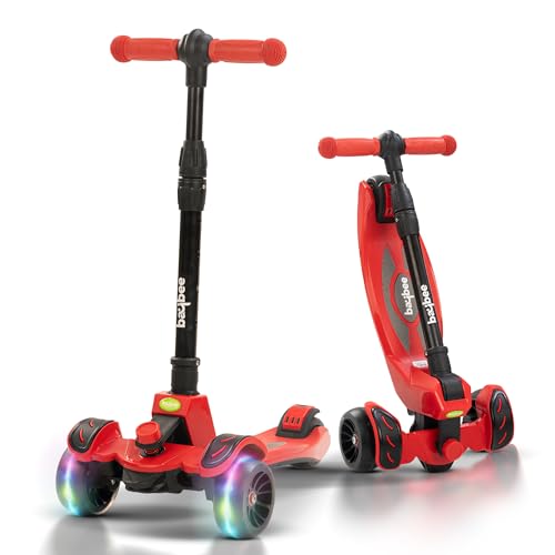 Baybee Penta Scooter for Kids, 3 Wheel Kids Scooter, Smart Kick Scooter with Foldable & Height Adjustable Handle, Scooter with LED PU Wheels & Brake, Skate Scooter for Kids Age 3-10 Years (Red II)