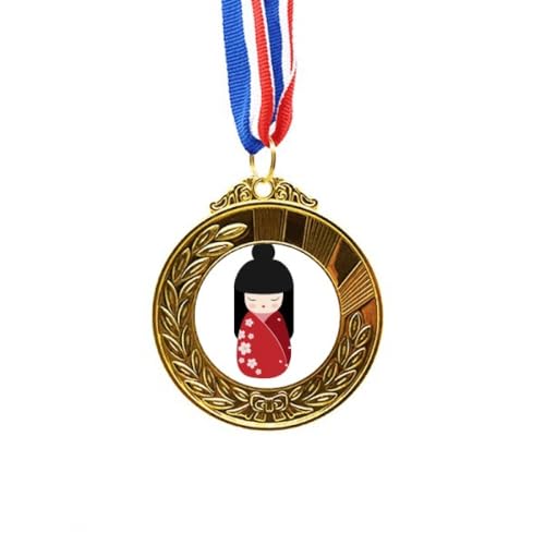 Kimono rojo Japón Art Deco Medal First Place Ribbon con detalles dorados de lujo
