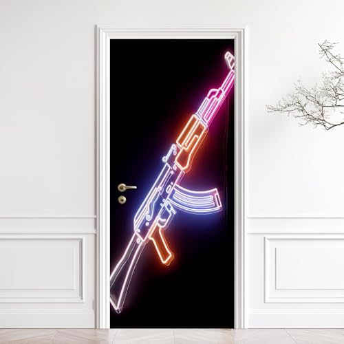 Assault Rifles Neon 3D Door Mural Peel, Simplicity Line Art