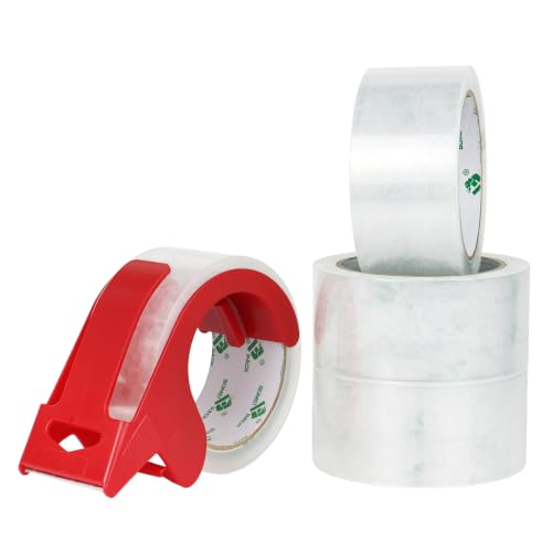 Image of BOMEI PACK Clear Packing Tape 4 Rolls with 1 Red Dispenser,60 Micron Heavy Duty 48mm x 50m, Bubble-Free High Adhesion Sealing Tape for Shipping, Moving and Storage