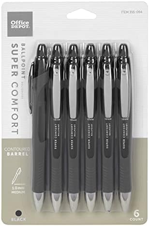 Office Depot® Retractable Ballpoint Pens With Grip, Medium Point, 1.0 mm, Black Barrel, Black Ink, Pack Of 6