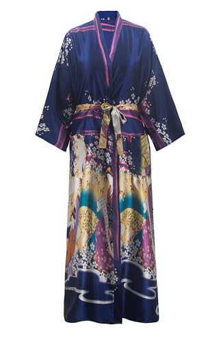VOGMATE Kimono Bademantel Damen Lang 3XL Große Größen Satin Morgenmantel Leicht Japanisch Kimono Yukata Sakura Ukiyoe Marine