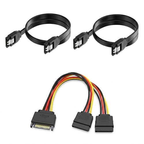 Lot de 3 Câbles SATA III pour Disque Dur HDD SSD et Adaptateur d'Alimentation Y, 2 Câbles Données SATA Droits 40cm et 1 Répartiteur 20cm, Connectique...