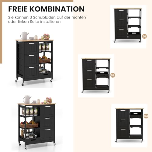 COSTWAY Wózek Kuchenny z Tacą, Półkami i 3 Dużymi Szufladami, Szafka Kuchenna na Kółkach z Drewna Kauczukowego, Wyspa Kuchenna do Serwowania, Wymiary 67 x 37 x 83,5 cm