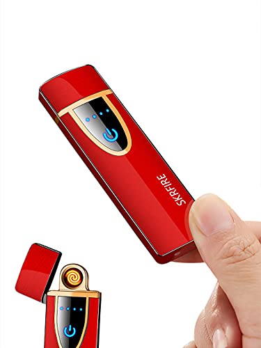 Ultra-Thin Electric Lighter,Lighter for Smoking,Tungsten Turbo Lighter Touch Switch Windproof Lighter Rechargeable USB Lighter with LED Battery Indicator(Drawing Red)