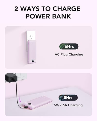 VRURC Portable Charger Built-in Cables and AC Wall Plug, USB C Power Bank 10000mAh, Travel Essentials Phone Charger Compact Lightweight External Battery Pack for Smart Phones, Tablets etc-Purple4