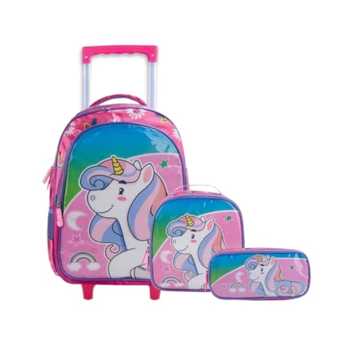 Kit Mochila Rodinha Lancheira Estojo Unicornio Infantil Escolar Estilosa (ROSA)