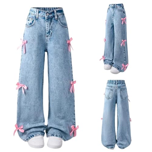 Girls Wide Leg Jeans Trendy Baggy Bow Embroidery High Waisted Stretchy Sweatpant Denim Pants Cute Tween Streetwear