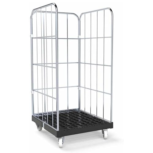 Abrollwerk Rollbehälter 1350 mm Nutzhöhe (500 kg Traglast), Kunstoffplatte schwarz, 3-seitig, Maße 724 x 815 x 1530 mm – robuster Gitterwagen Typ Cr3-verzinkt für Garage, Lager, Transport und Logistik