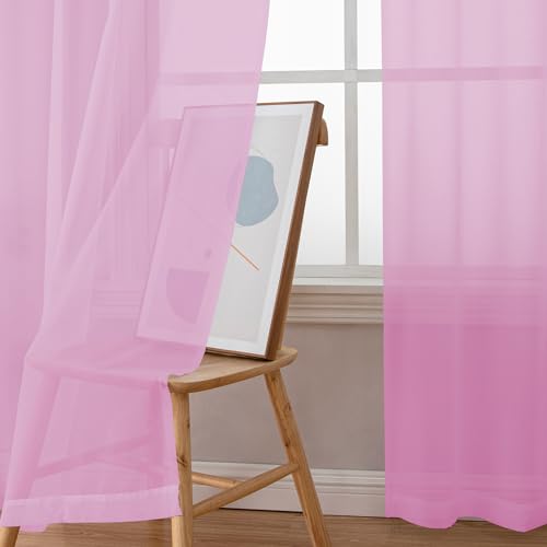 Image of Simplebrand Pink Sheer Curtains 96 Inches Long, Light Filtering Rod Pocket Solid Color Window Sheer Curtain Panels, Elegant Curtains & Drapes for Living Room, Bedroom 2 Panels (Pink, 42 inch W x 96 inch L)