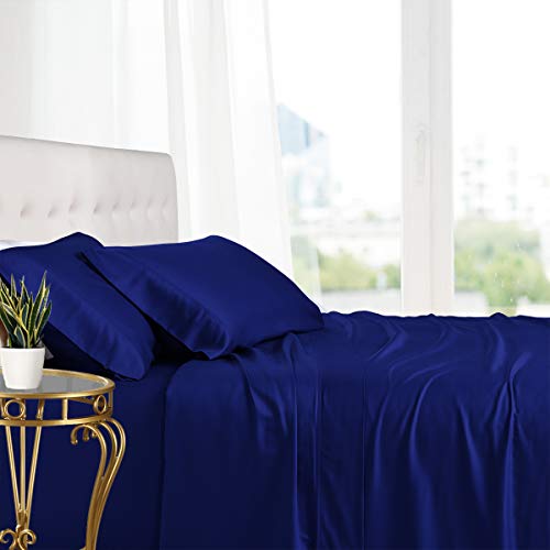Royal Hotel Bedding 100% Natural Viscose Made from Bamboo Sheets, Soft Cooling Sheets, Breathable Hotel Sheet and Pillow Cases, 4 Piece Set - 15 Inch Deep Pocket - Queen Size - Royal-Blue
