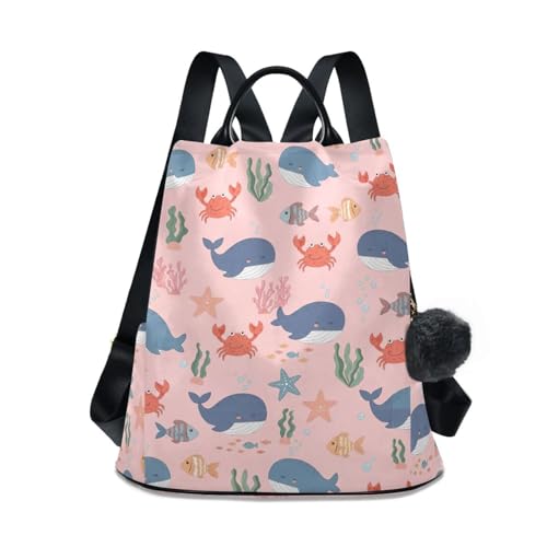 Sac à dos femme à motif baleines et crabes tendance multipoches et zippé antivol