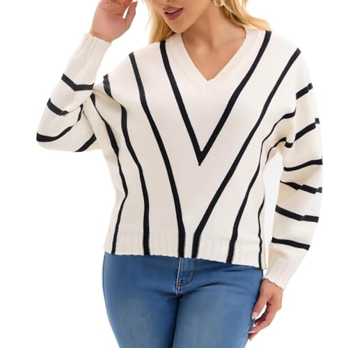 Froggirl Women's Batwing Sleeve V Neck Striped Sweater – Loose Fit Pullover Jumper for Spring Fall 2025