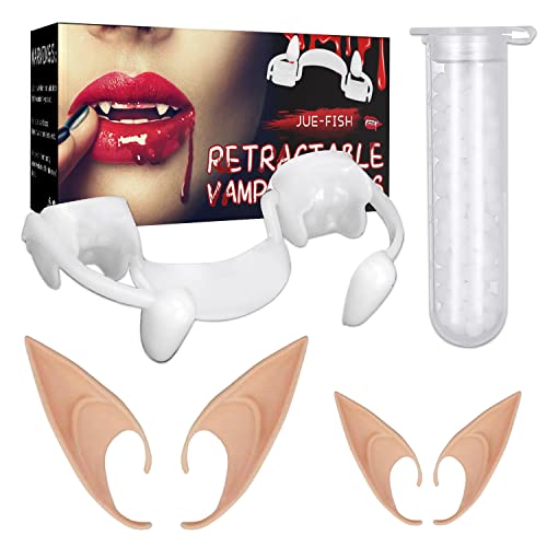 Halloween Vampir Zähne Einziehbar Ausfahrbar Set Kinder Erwachsene, Vampire Zähne + 4 Stücke[2Paare] Elfen Ohren, mit Vampir Zähne Kleben, für Cosplay Party Requisiten Halloween Party Zähne Cover